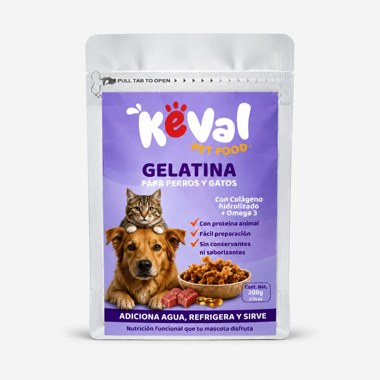 Empaque de Gelatina Keval con colágeno y Omega 3 para perros y gatos