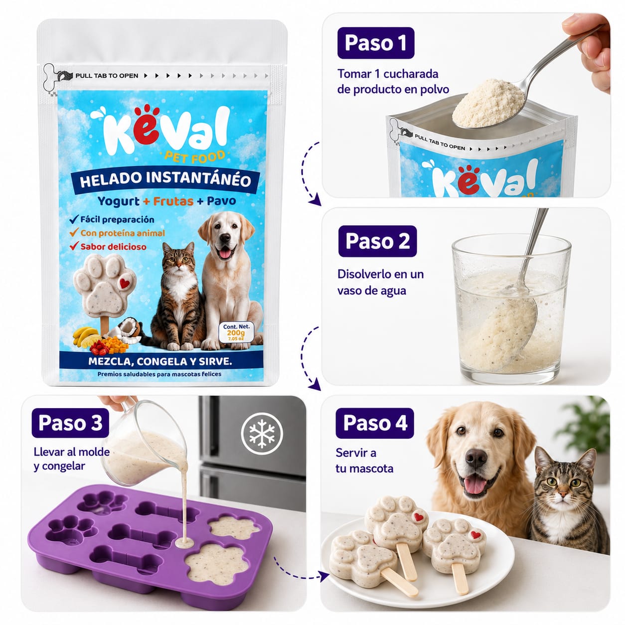 Pasos para preparar el Helado Instantáneo Keval para perros y gatos