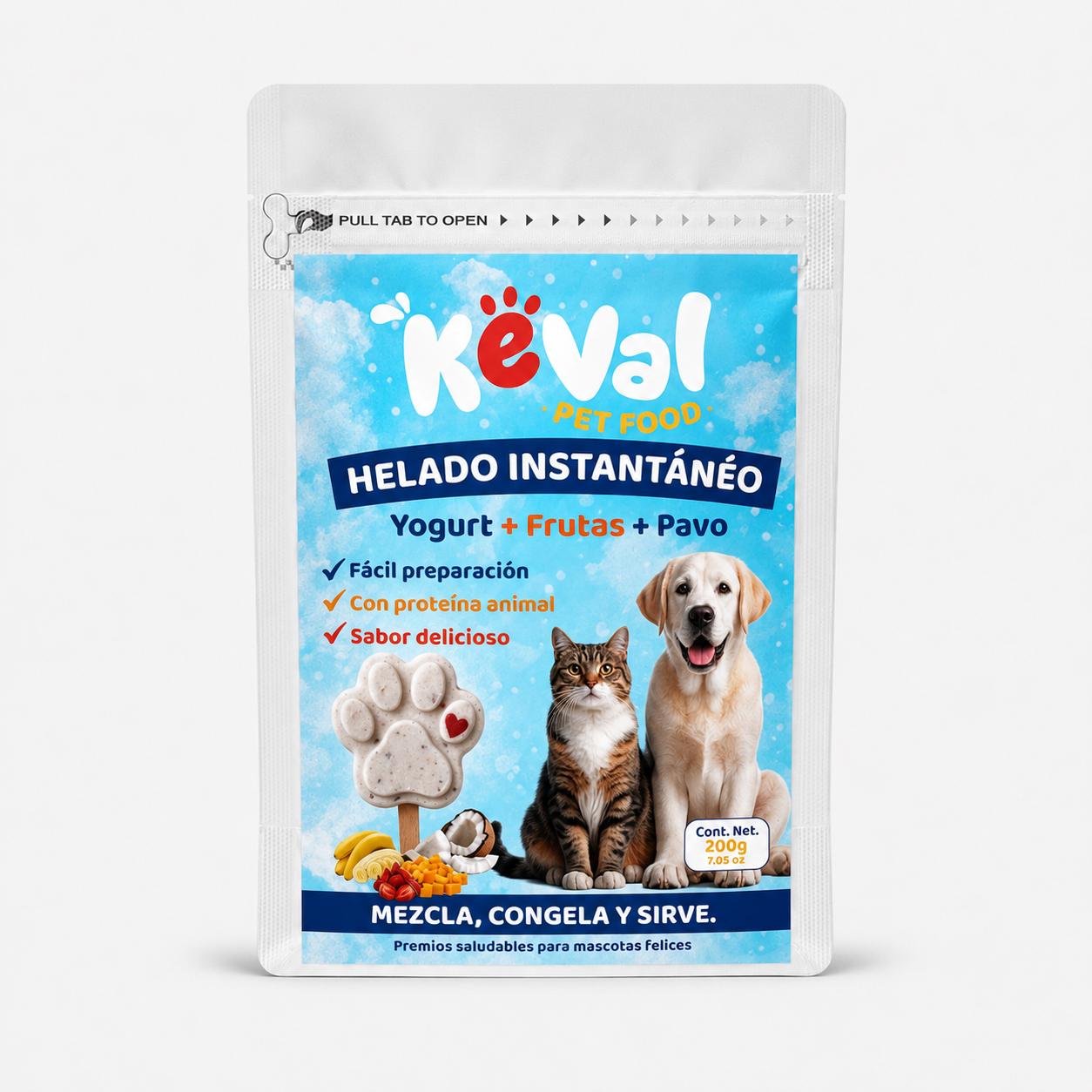 Empaque de Helado Instantáneo Keval de yogurt, frutas y pavo para perros y gatos