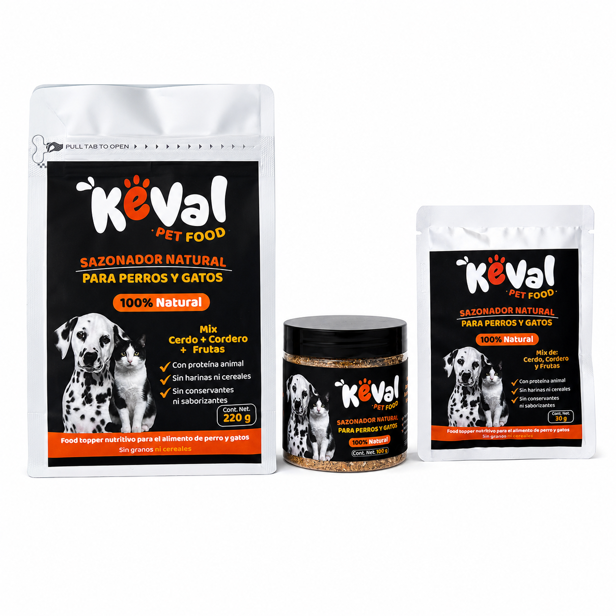 Empaque del Sazonador Natural Keval mix de cerdo, cordero y frutas para perros y gatos