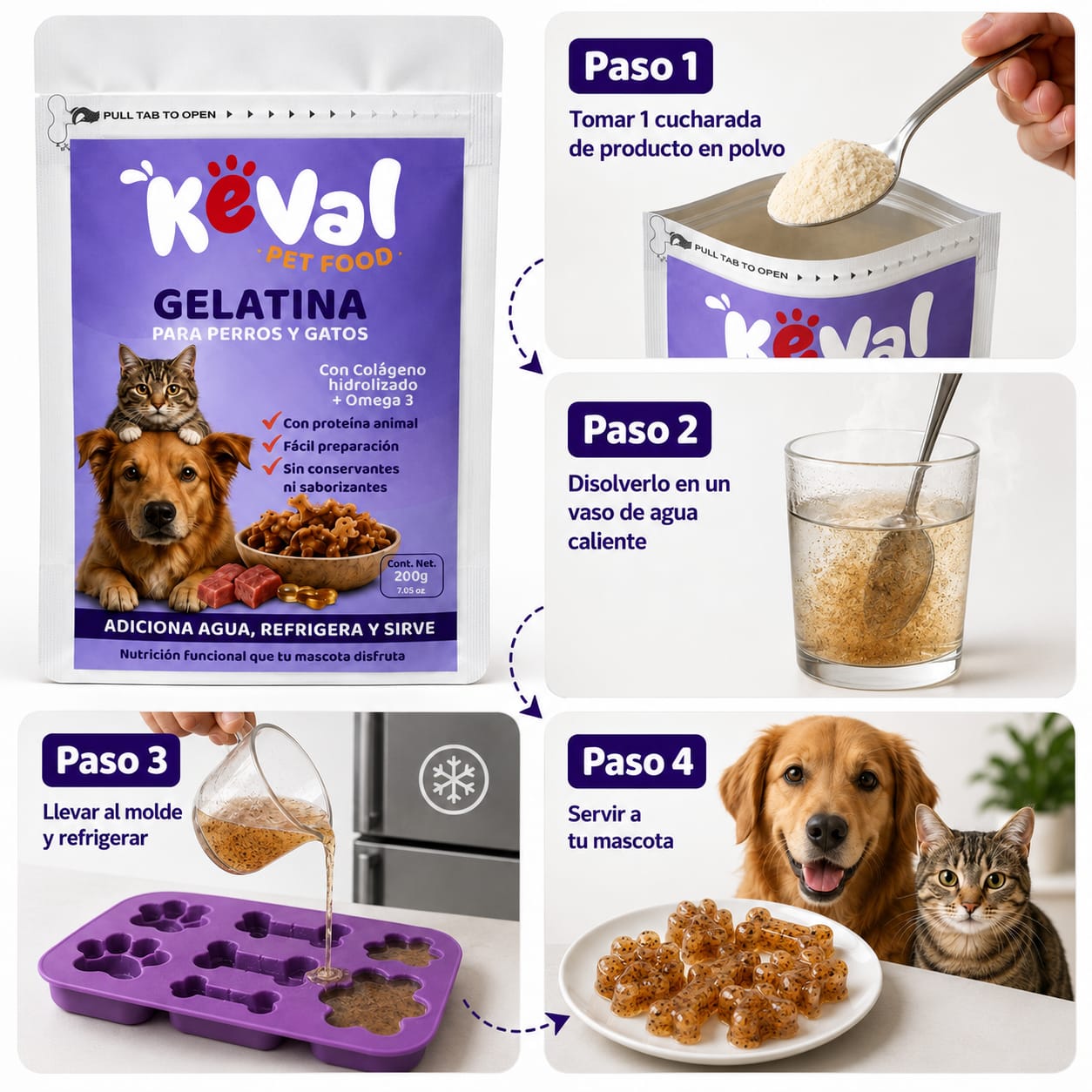 Pasos para preparar la Gelatina Keval para perros y gatos