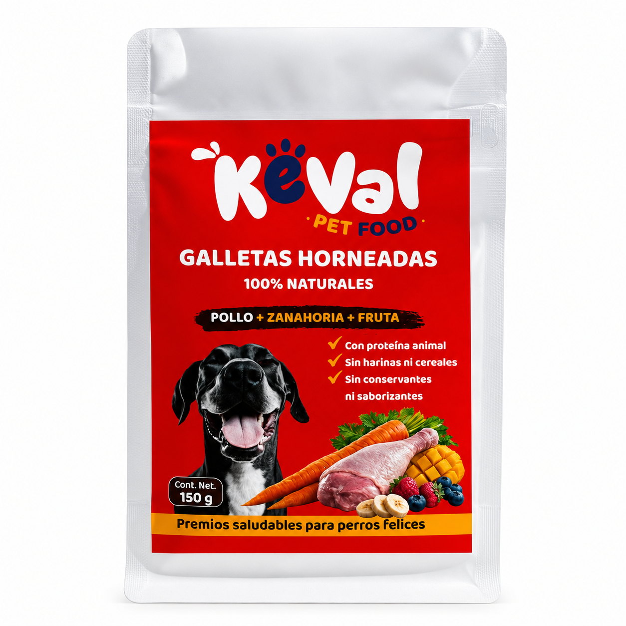 Empaque de las Galletas Horneadas Keval de pollo, zanahoria y frutas para perros