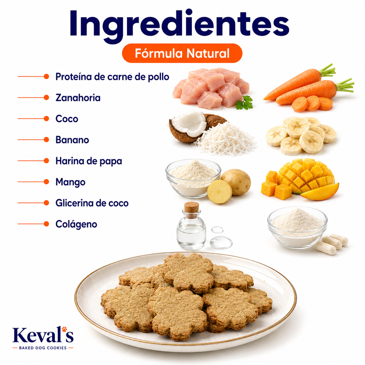Ingredientes de las Galletas Horneadas Keval de pollo, zanahoria y frutas